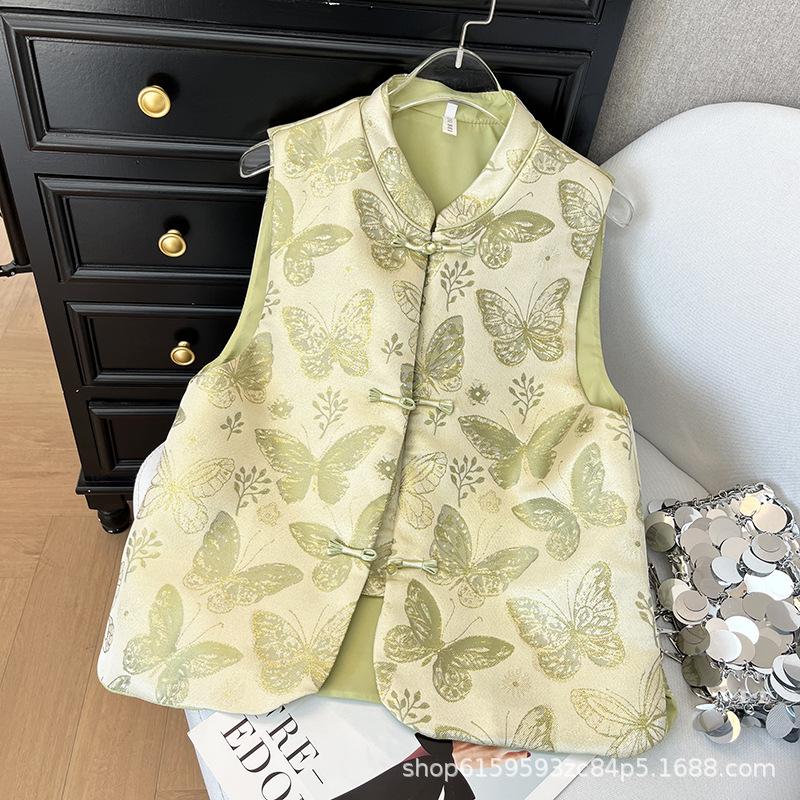 

Ретро жилет жаккардовый на стойке с пуговицами-бабочками женский 2025 новый топ высокого класса XXL [Recommended 125-69kg]