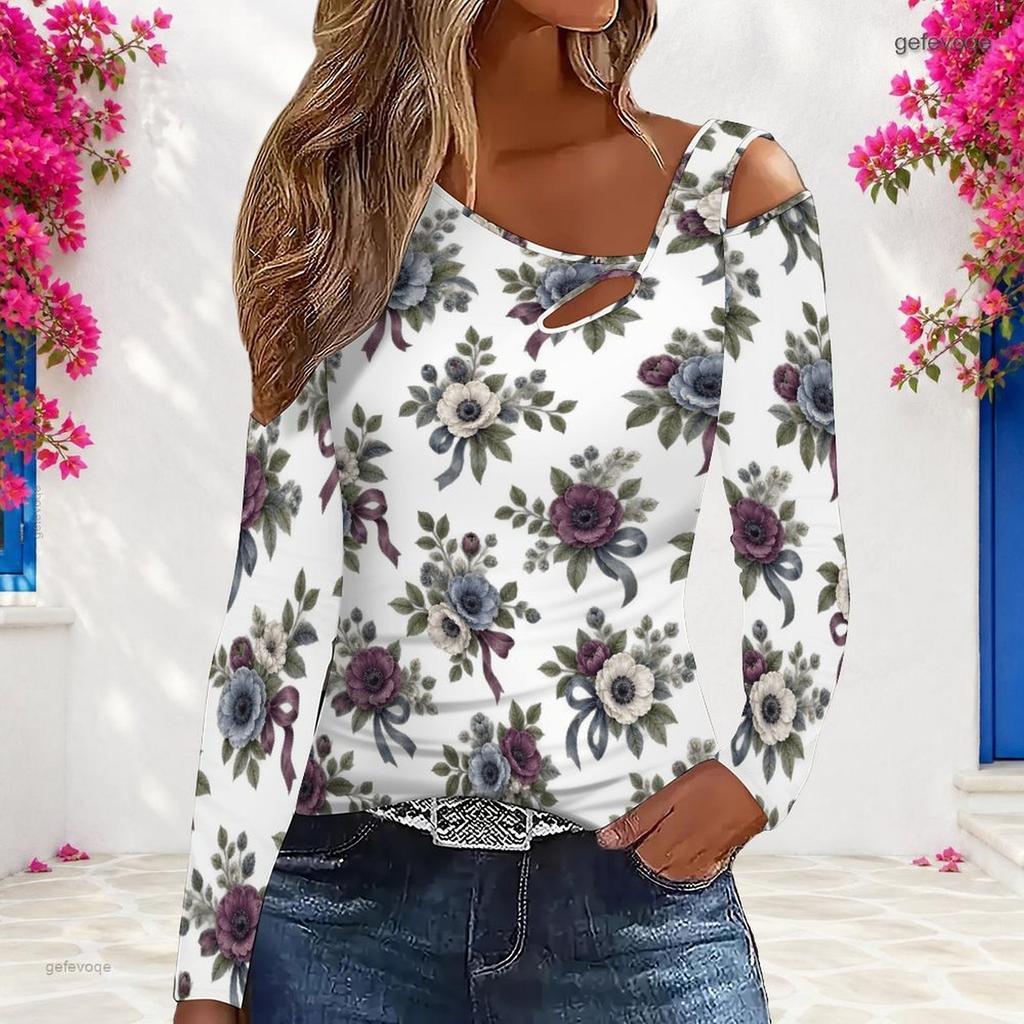 Women Plus Size White Floral Printed Asymmetric Cutout Neck Cold Shoulder Long Sleeve Fitted Top