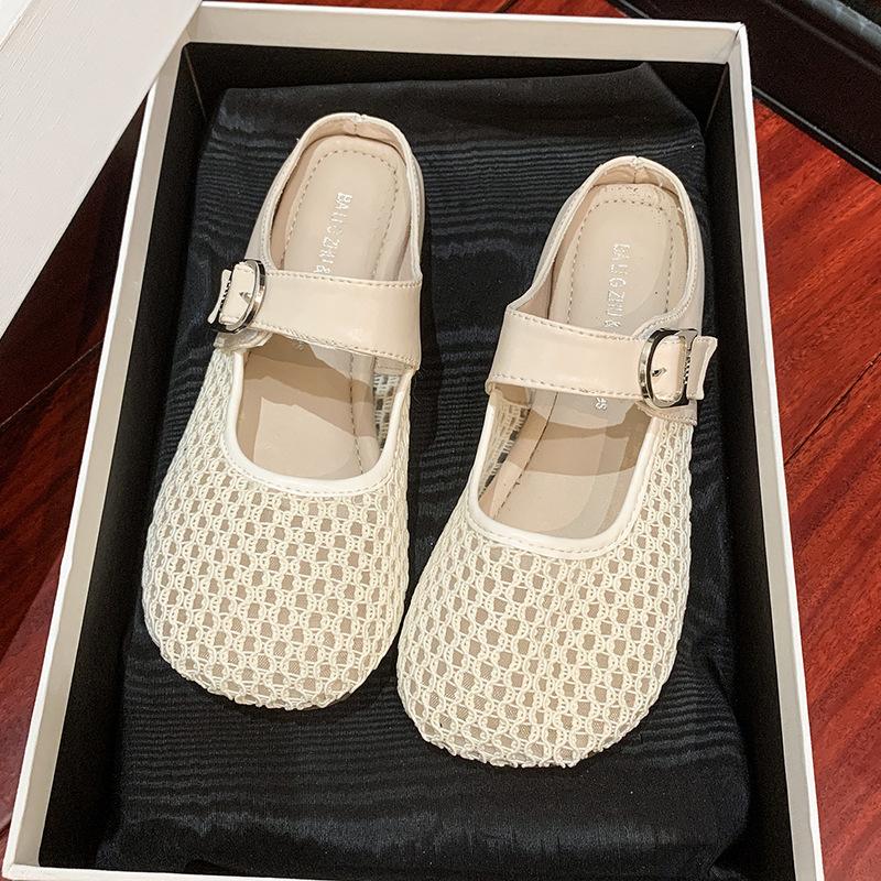 Flat Bottom Mesh Yarn Half Drag Female Internet Celebrity Hollow Breathable Sandals Summer 2025 New Models with Skirt Bag Head Slippers