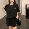 New Arrivals Open Run Women Waffle Embroidery Loose FiT T shirT   Banded shorTs