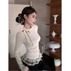 Women's Polo Neck Long Sleeve Slim Fit Top Bow Lace Hollow Out Fall T-Shirt