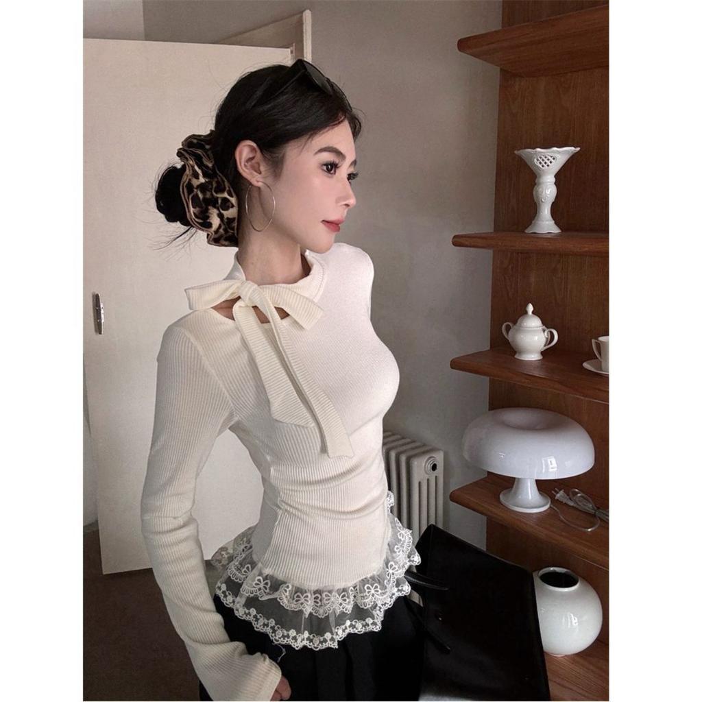 Women's Polo Neck Long Sleeve Slim Fit Top Bow Lace Hollow Out Fall T-Shirt