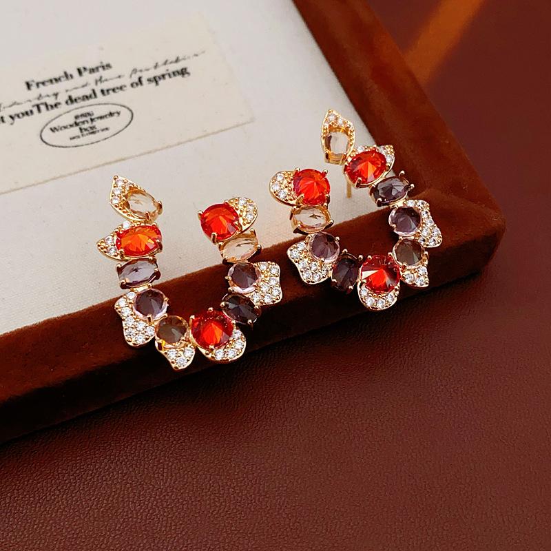 Shiny Colorful Zircon Rhinestones Stud Earrings For Women Temperament Irregular Round Earrings Female Party Ear Jewelry Gifts K-