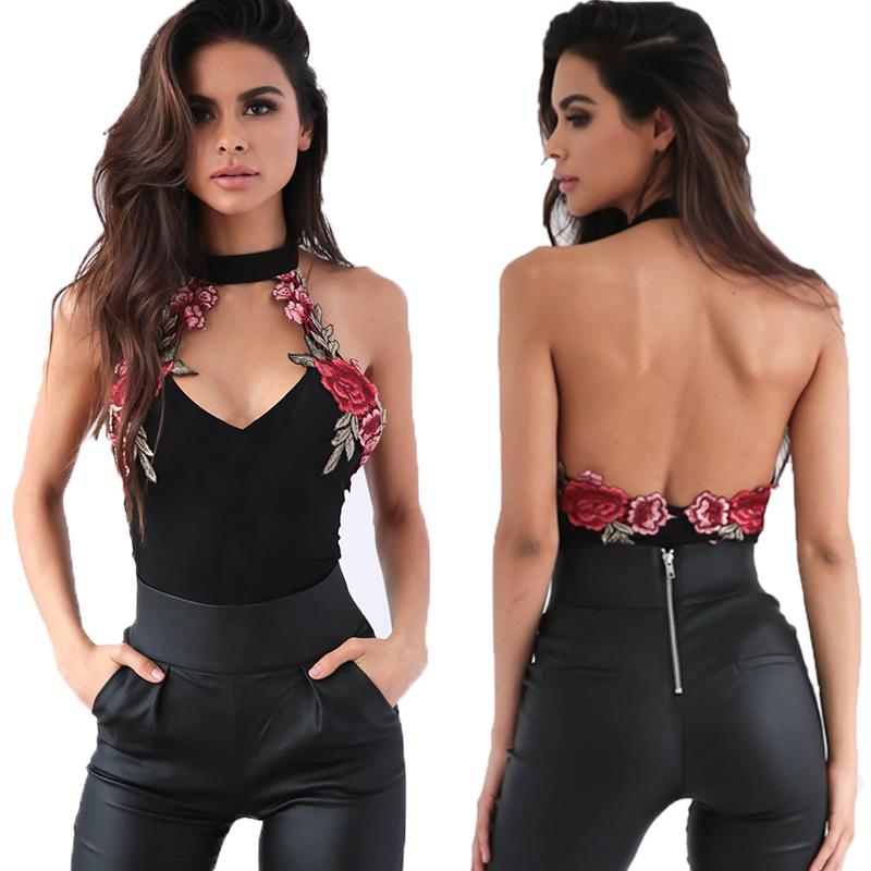 New Sexy Women V Neck Embroidery Bodycon Backless Sleeveless Bandage Bodysuit Jumpsuit Short Romper Tops