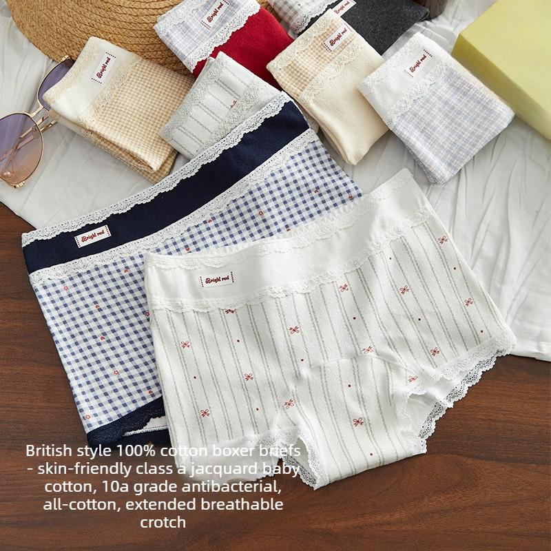 Damen Frühling und Herbst Vintage Spitze Rand Reine Baumwolle 10A Antibakteriell Erweiterte Reichweite Boxer Briefs