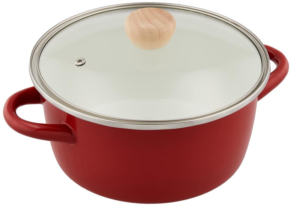 Bestco Glossy 20cm Enamel Casserole with Glass Lid, Induction Cooking Compatible, Red, ND-4443