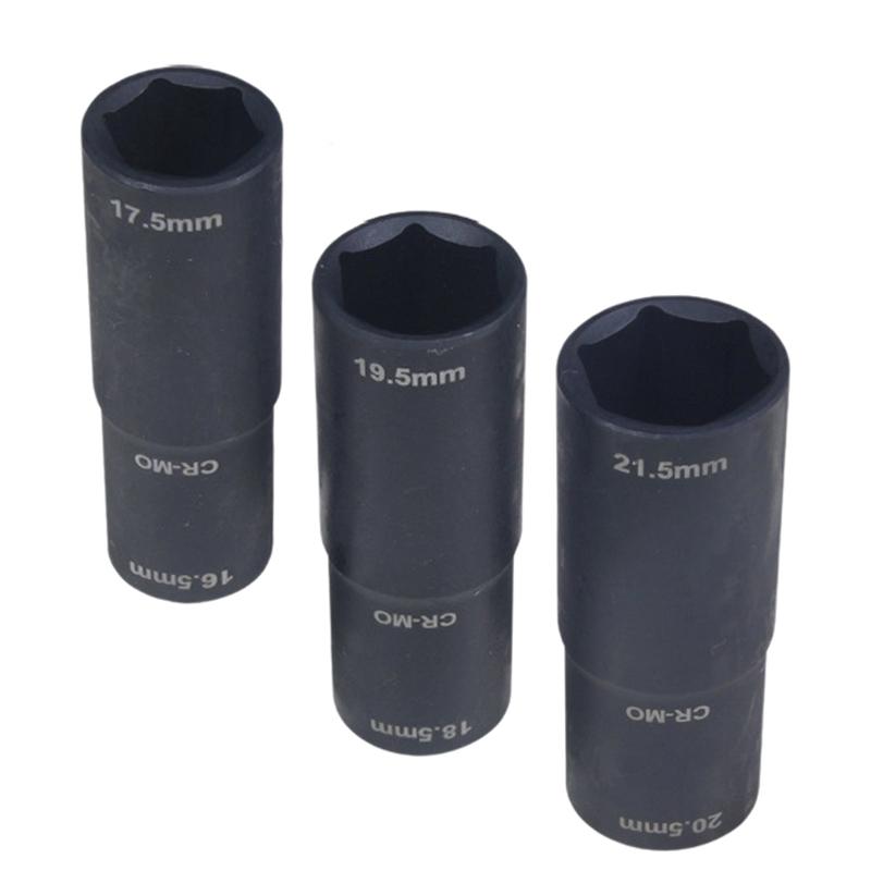 3pcs 1/2-inch Drive Lug Nut Flip Socket Set 18.5 X 19.5mm 20.5 X 21.5mm 17.5 X 16.5mm Wheel Nut Removal Socket Set Tools