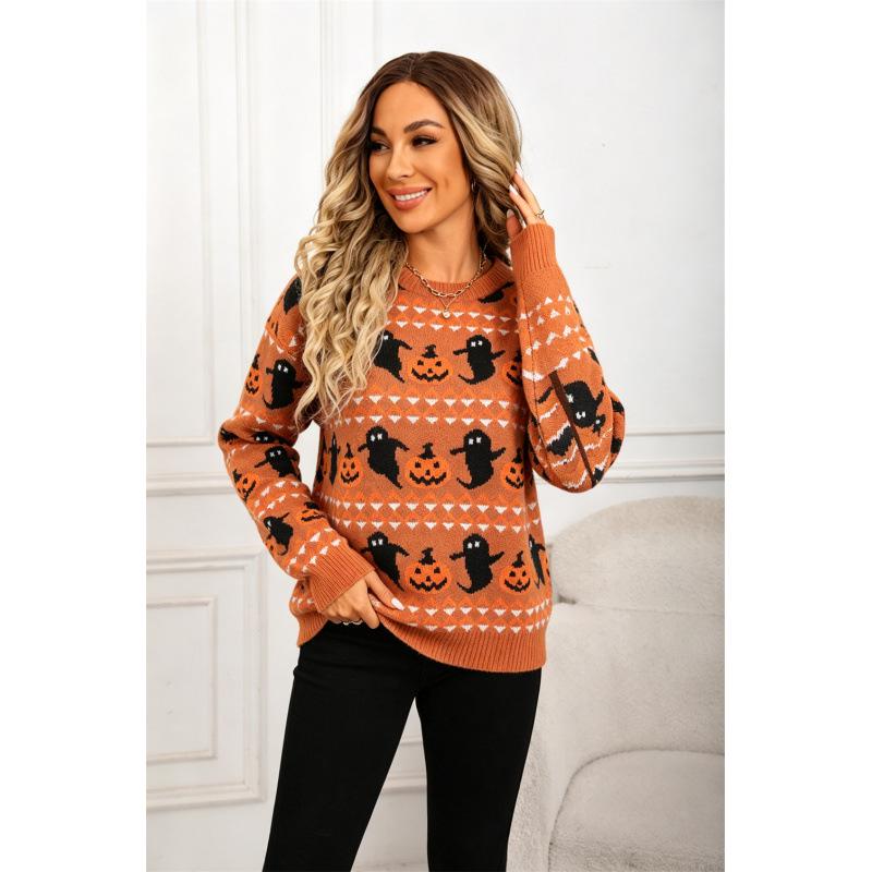 European & American Women's Halloween Ghost Pumpkin Knit Pullover Top