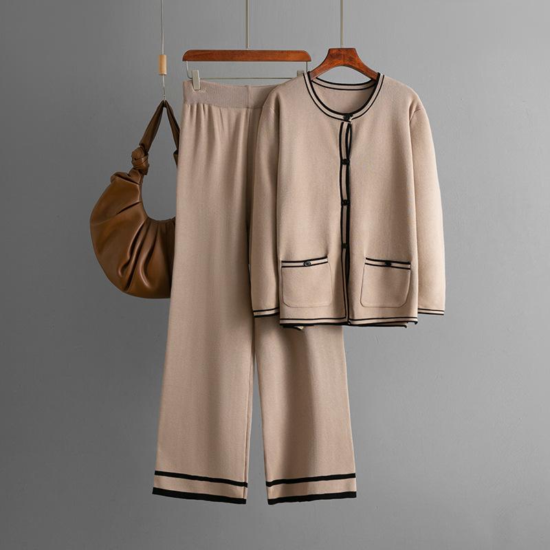 Módní sada Dámský podzimní a zimní pletený kardiganový svetr Ležérní kalhoty se širokými nohavicemi Dvoudílná sada