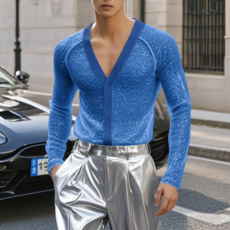 

INCERUN Men V-neck Glitter Long Sleeve Tops T-shirts Party Slim Undershirts 5XL синій