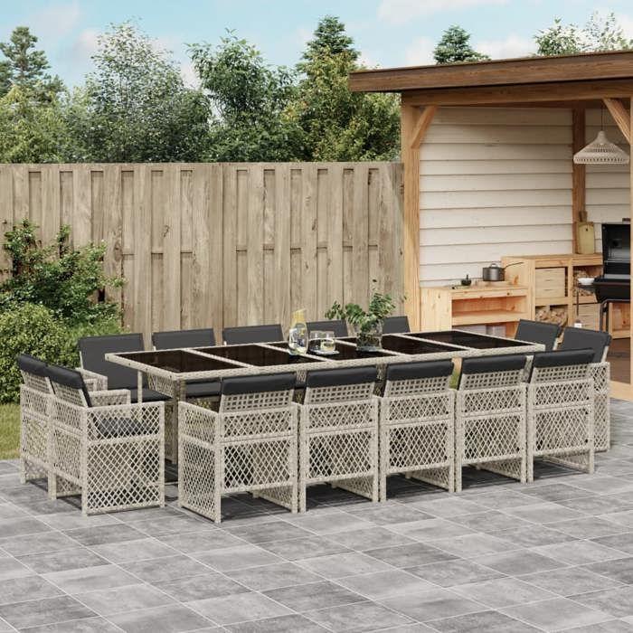 VidaXL Ensemble à manger de jardin et coussins 15 pcs gris clair rotin, ensemble de salle à manger d'extérieur, meuble de 3210875