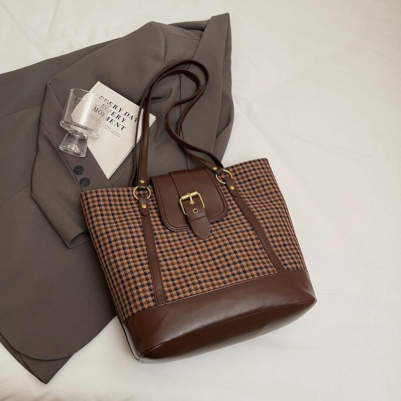 Karierte Umhängetasche mit großer Kapazität für Damen im Vintage-Stil, Einkaufstasche, Rucksack