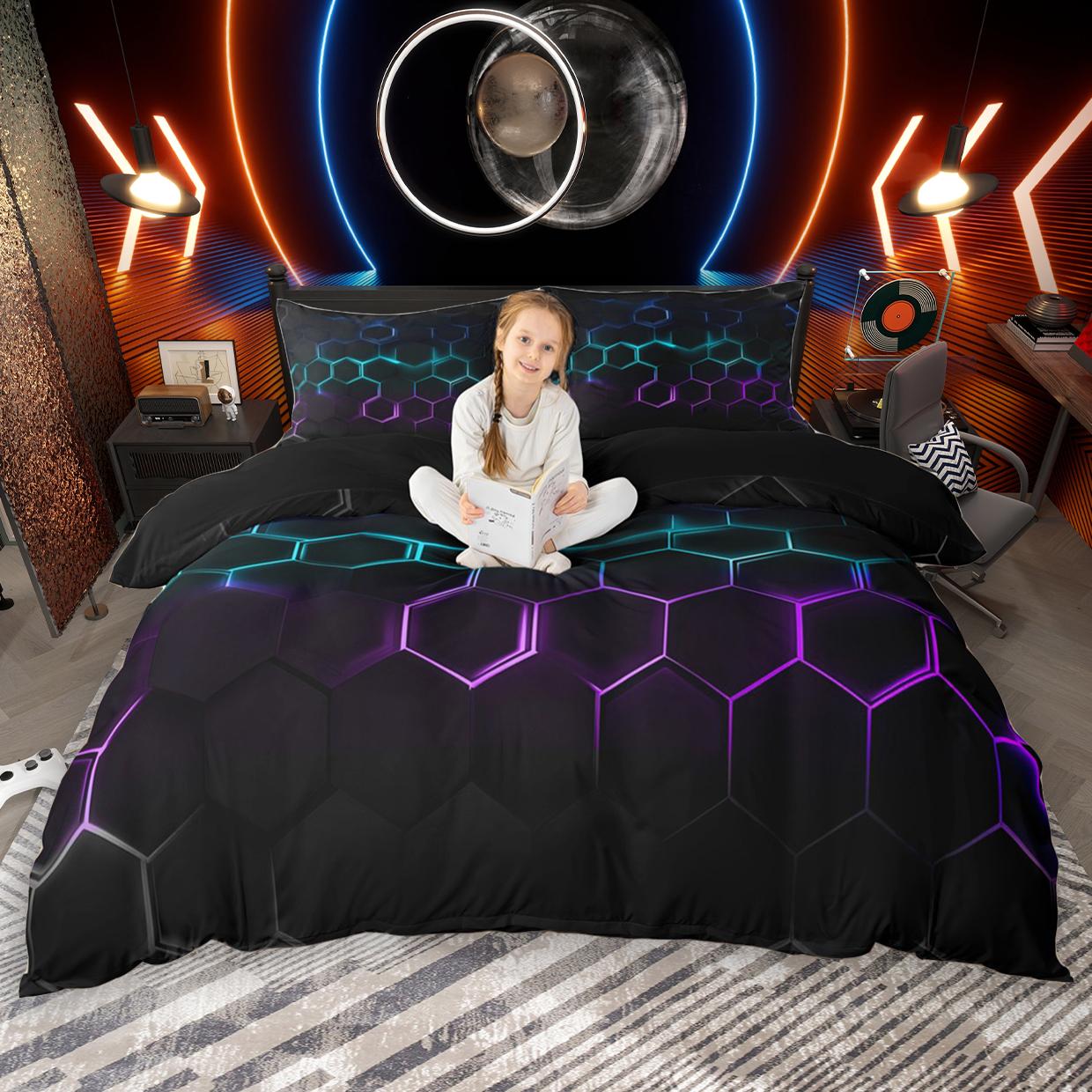 

Homewish Neon Honeycomb Duvet Cover Set For Boys 2Pcs/3Pcs Cool Gradient Hexagon Bedding Set Black Geometric Comforter Cover EU Single(135*200cm)3pcs