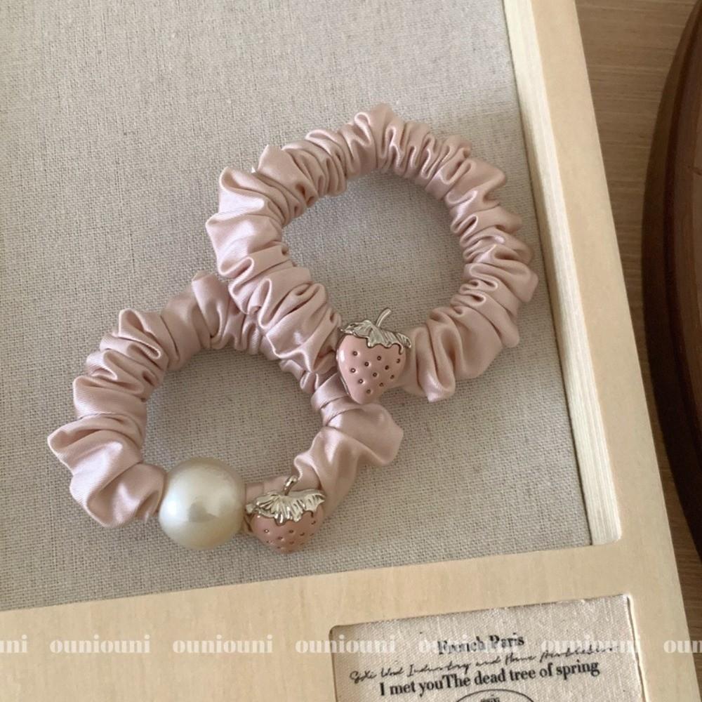 Cute Strawberry Mousse Powder Hair Tie Small Intestine Satin Pleated Hair Band High Elastic Comfortable Hair Accessories Woman