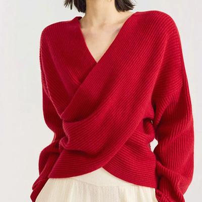 Dzianinowy Sweter Damski z Dekoltem V i Rękawami Lanternowymi na Wiosnę i Jesień Nowy Czerwony Top Bazowy w Stylu Lazy