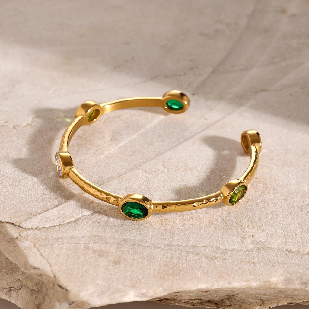 Youthway Stainless Steel Vintage Hammered Emerald Olive Green White Oval Zirconia Open Bracelet Exquisite Colorful Tarnish Free