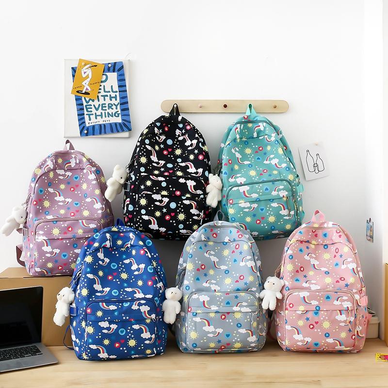 Women's Backpack Three-Piece Set Rainbow Print Student Schoolbag Large Capacity Backpack