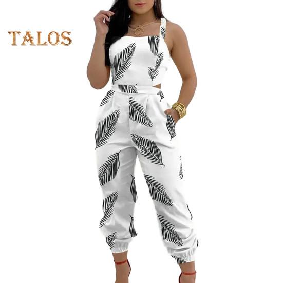 Women Jumpsuit Sleeveless Color Matching Printed Lace-up Bow Cross Back Pockets Ankle-banded Backless High Waist Lady Commute Party