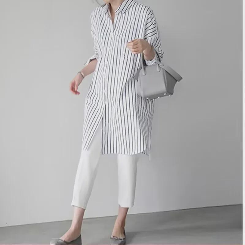 

Women s Long-Sleeve Mid-Length Loose White Shirt Small