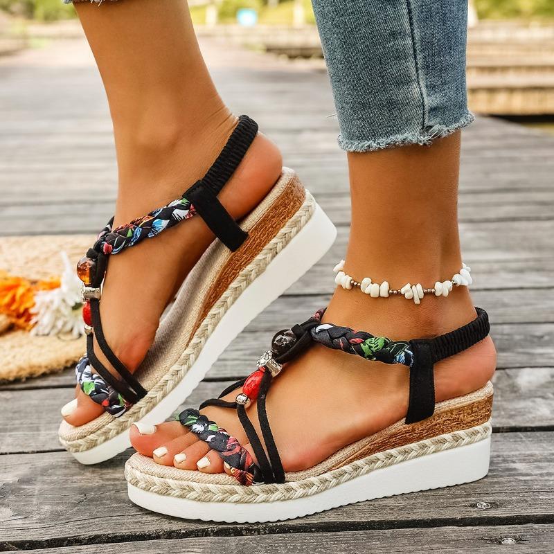 Damen Sandalen mit breiter Weite, Peeptoe, Böhmische Keilabsätze mit Strasssteinen, Sommer Pantoletten im römischen Stil für Damen