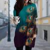 Kvinners påfuglfjær Print Crew Neck Dress Spring Fall Plus Size Dress Pocket Dresse
