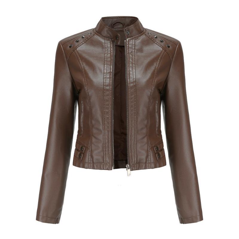 Women's New Rivet Leather Jacket Women's Spring and Autumn Jacket Long Sleeve Women's Jacket Stand-Up Collar Fashion Jacket -
