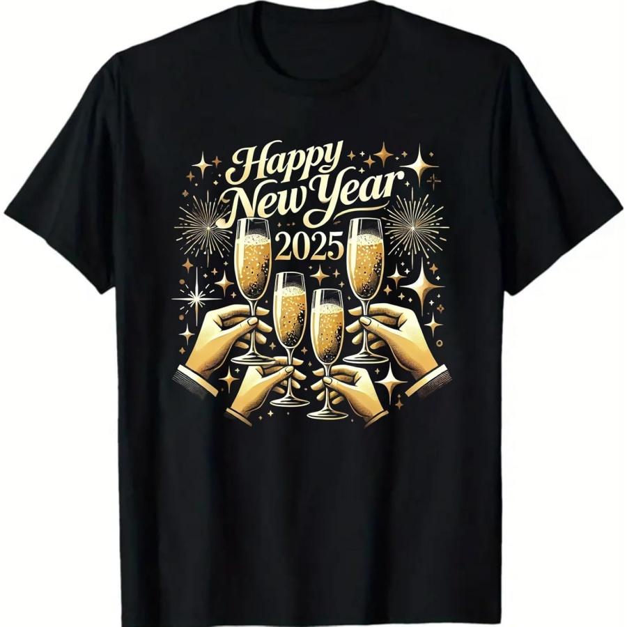 Print Happy New Year Text Women s Classic-Fit Cotton Short-Sleeve Scoop Crew Neck T-Shirt S