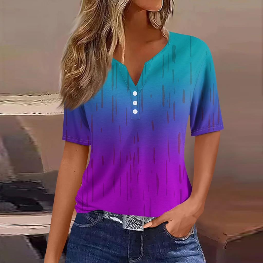 Damen-T-Shirt, T-Shirt, bedruckt, Knopfleiste, kurzärmelig, für den Alltag, Wochenende, modisch, Basic, V-Ausschnitt, normales Oberteil