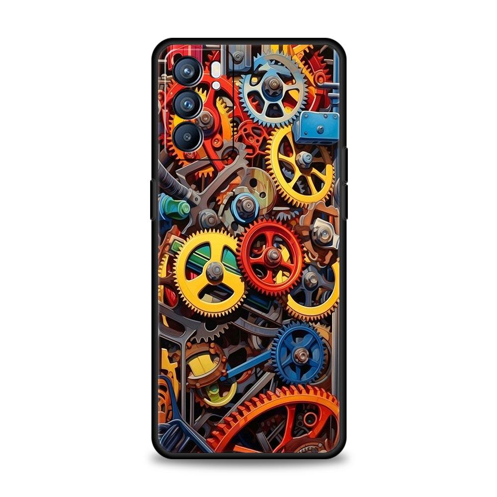 Mechanical Gear Pattern Phone Case For Oppo A17 A31 A54 A57 A78 A79 A98 Find X5 X6 Reno 6 7 8 10 11 12 13 F Pro Soft TPU Cover