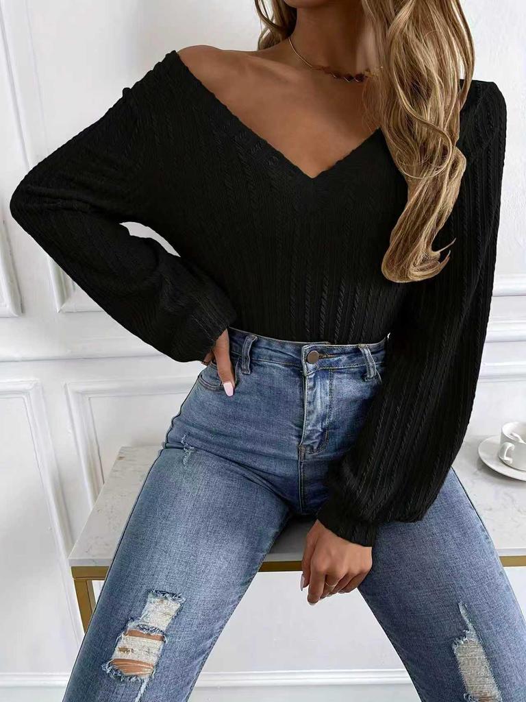 2026 Autumn/Winter Women's Solid Color Ribbed Long Sleeve V-neck Casual Top