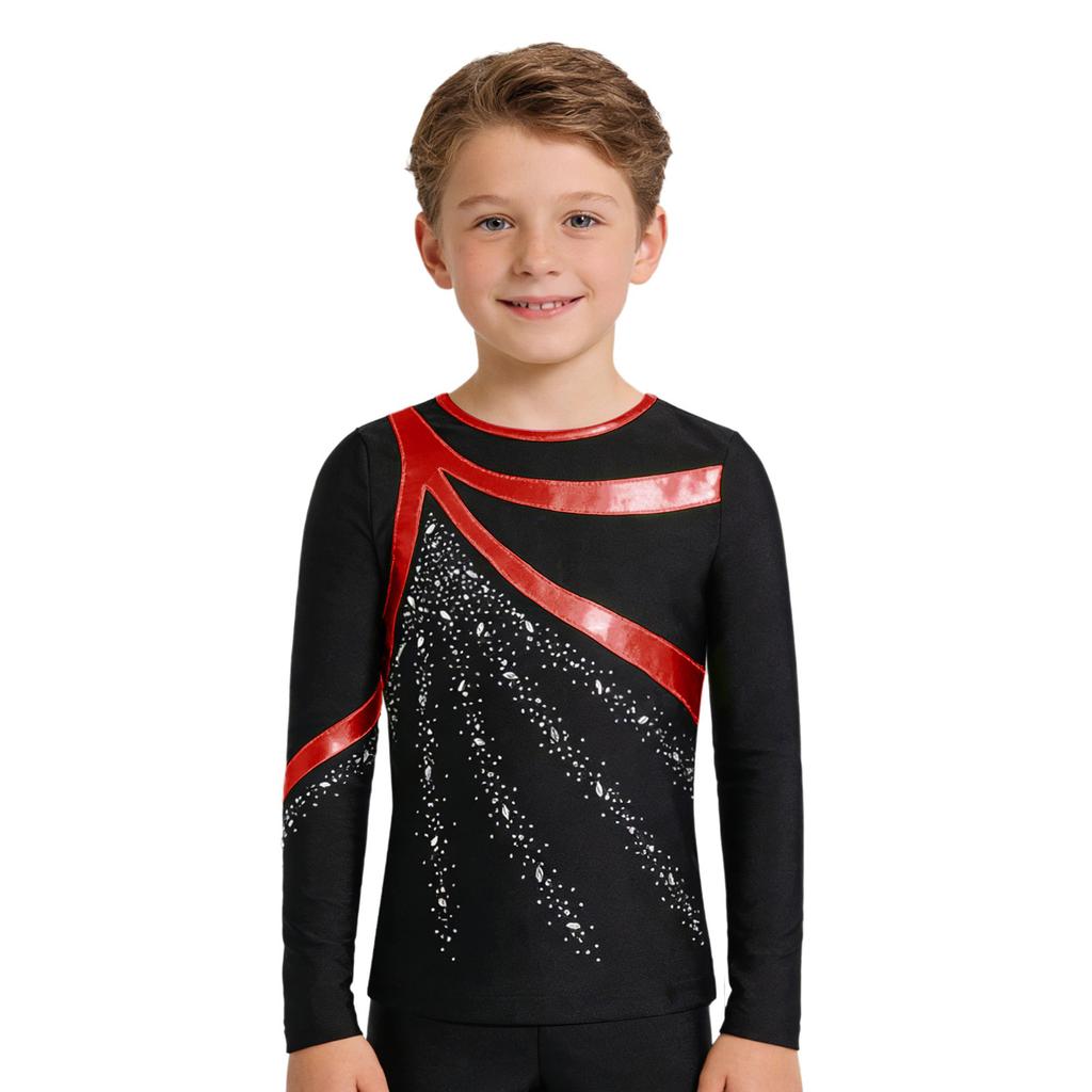Costum patinaj artistic băieți Gât rotund Mânecă lungă Patchwork metalic Strălucitor Strassuri Top