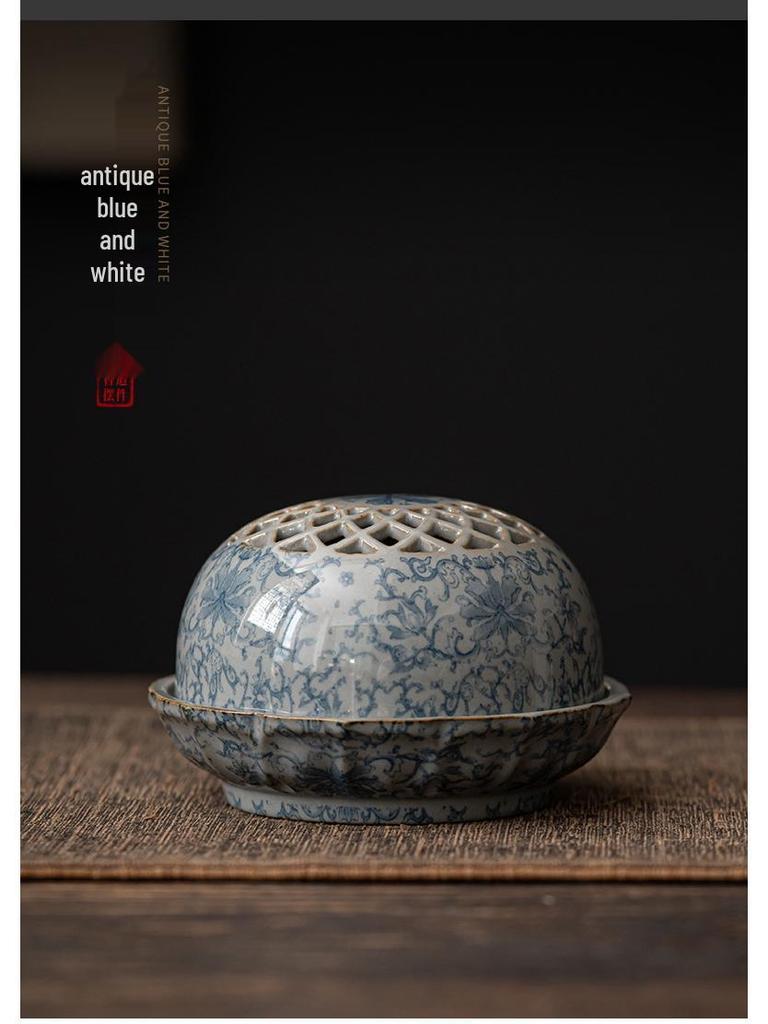 Chinese Retro Blue and White Ceramic Incense Burner Ornament