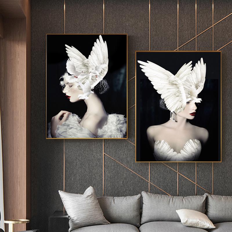 Nero Bianco Moda Donna Ali di piccione Cappello Astratta Tela Poster Stampa Stile nordico Pittura Immagine Moderna Home Decor