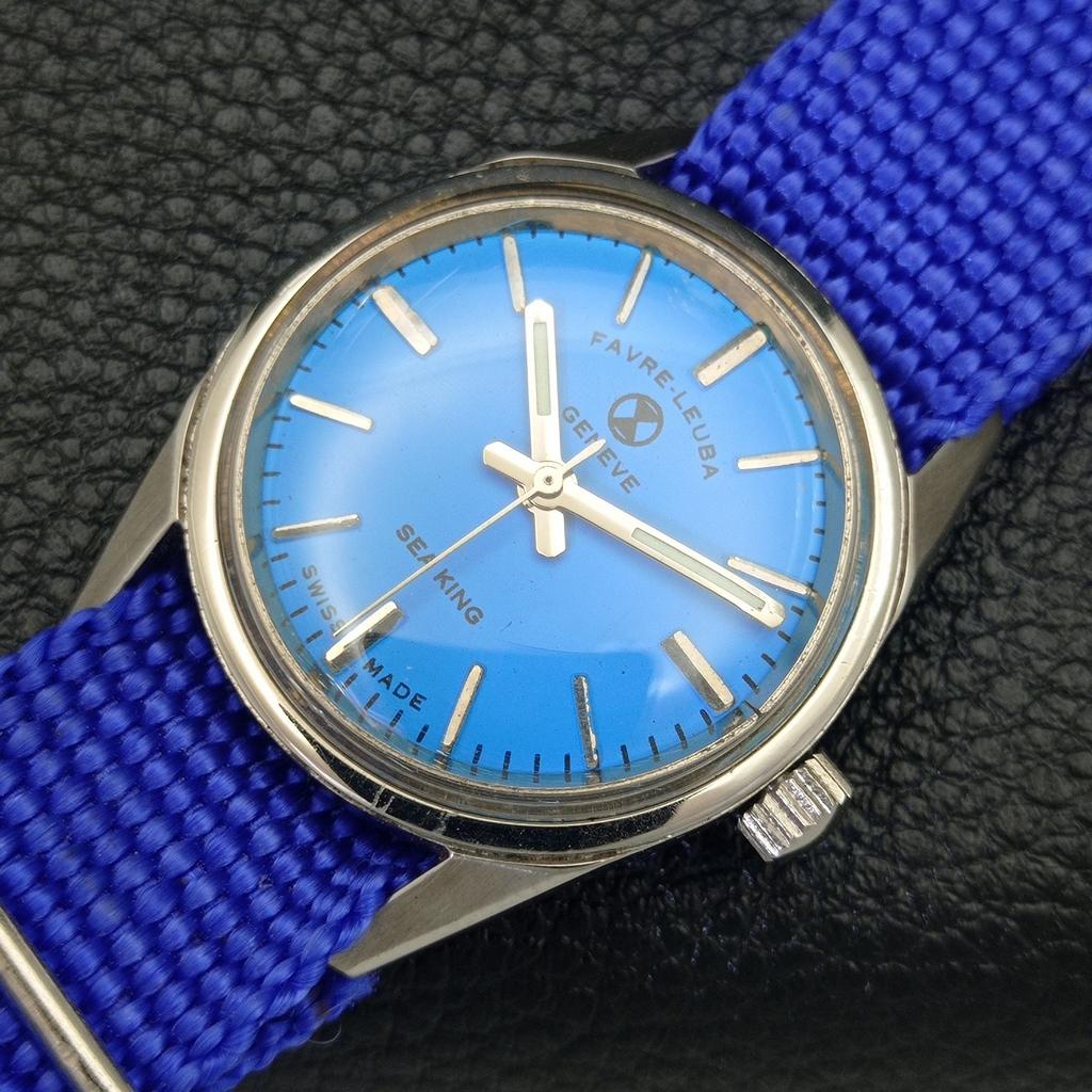 HAND-WINDING VINTAGE FAVRE LEUBA GENEVE SWISS MENS SKY BLUE DIAL WATCH A436202-2 R128-a436202