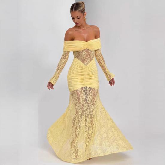 Women Off Shoulder Long Sleeve Maxi Dress Floral Lace Sheer Mesh Ruched Bodycon Dress Sexy Formal Evening Party Wedding Guest Dress
