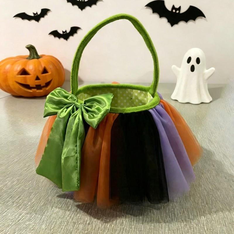 Halloween Basket Decorative Candy Bag With Tulle Bow Plush Horror Prop Party Favors Trick-or-Treat