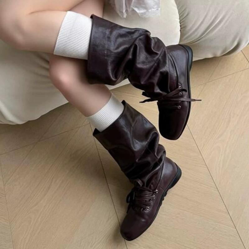 Fashion Flats Lace Up Women Mid Boots 2025 Winter New Trends Shoes Classical Pleated Comfortable Short Boots Fashion Zapatillas De Mujer