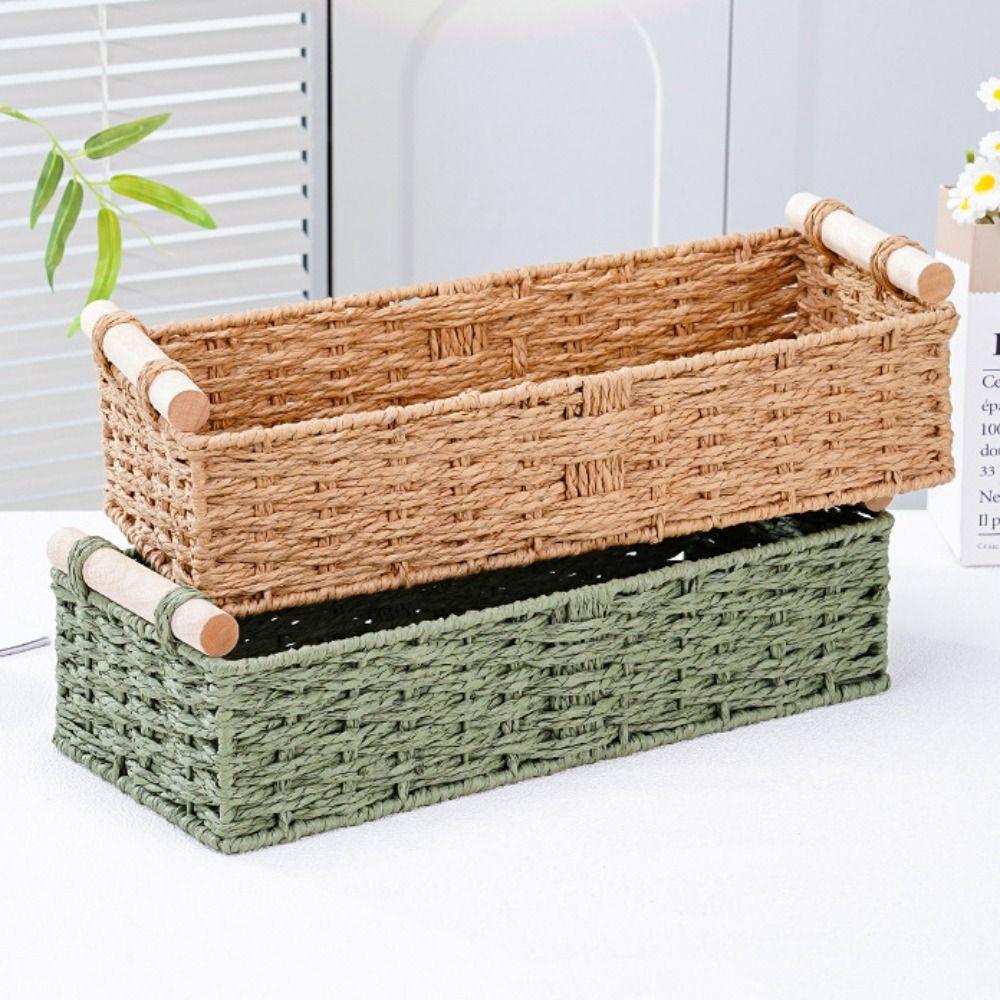 Handwoven Braided Toilet Paper Basket Wood Handle Sundry Storage Basket Snack