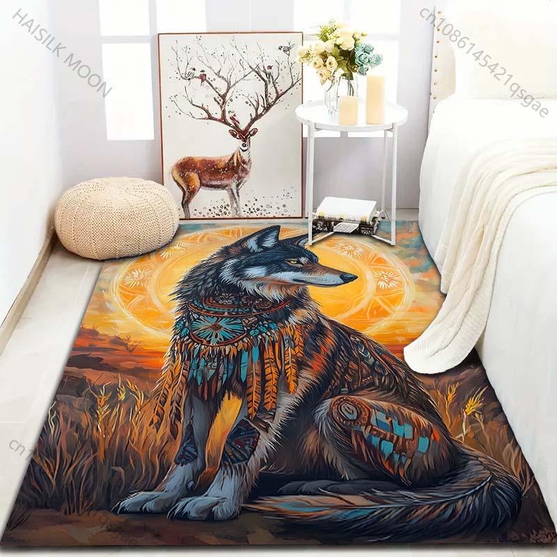 Various Sizes Aboriginal Style Wolf Print Carpet for Living Room Bedroom Bedside Sofa Floor Mat Modern Home Decor Large Size