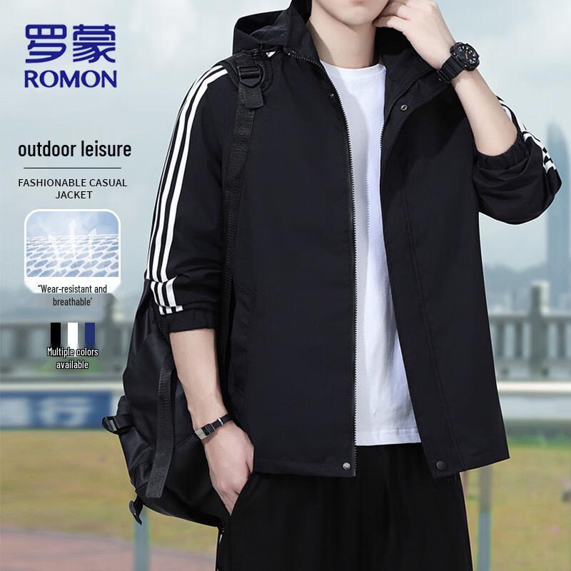 

ROMON Men s Hooded Three-Stripe Windbreaker Jacket 4XL