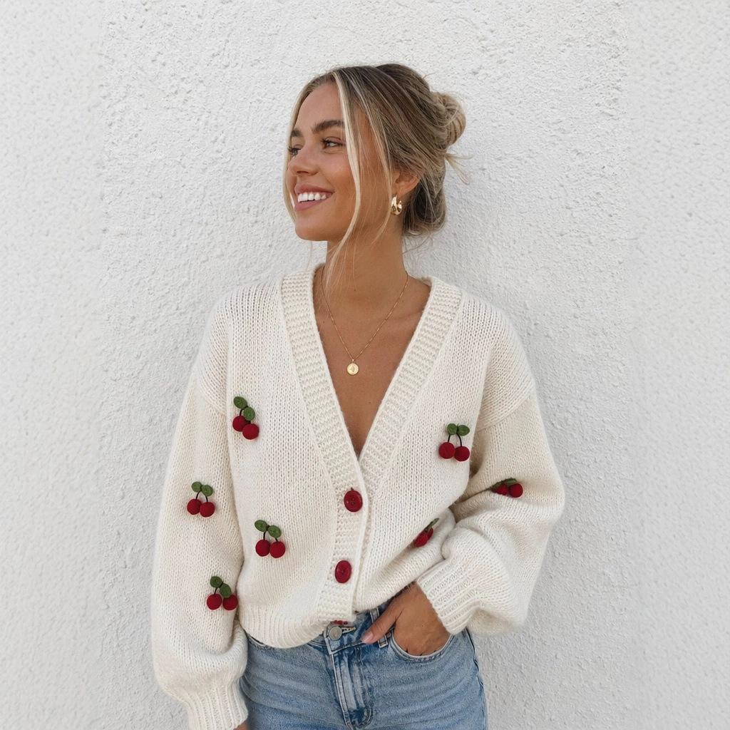 Women's Three-dimensional Cherry Decorated V-neck Knitted Cardigan Sweet Casual Top Commuter French Pastoral Knitted Jacket