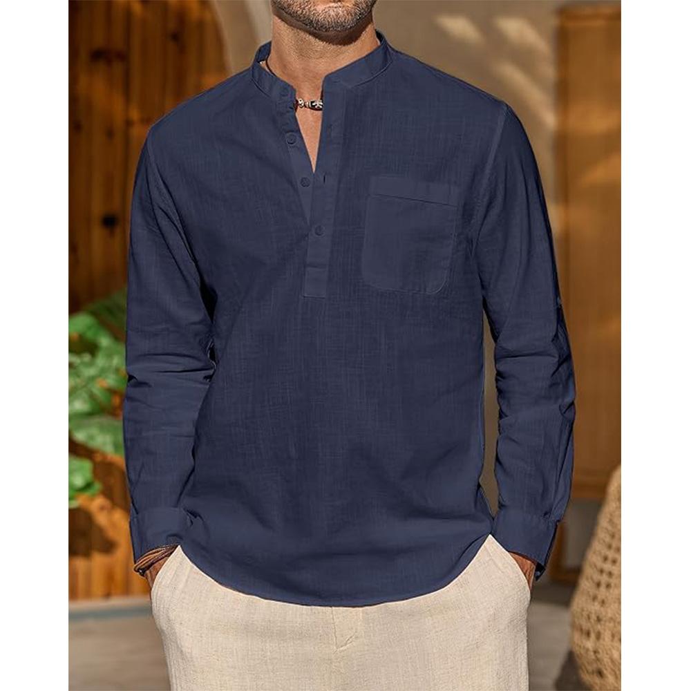 Camicie in cotone e lino per uomo, camicia casual, leggera, a maniche lunghe, con colletto Henley, da spiaggia, maglietta hawaiana da uomo