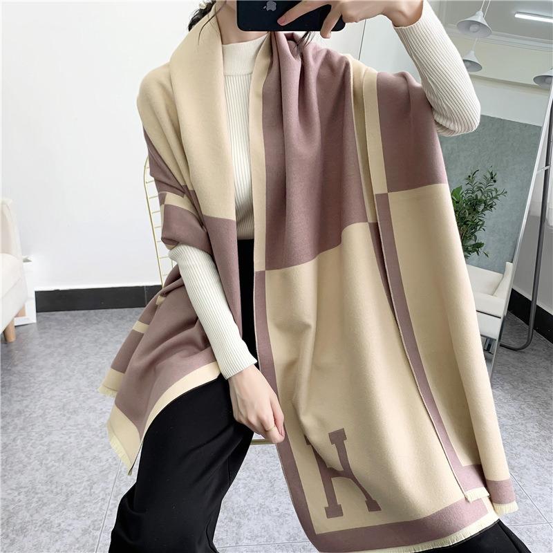 Cashmere Scarf Women's Winter Splicing Color Matching Air Conditioner Towel, Imitation Cashmere Thickened Shawl Warm Autumn and Winter Scarf
