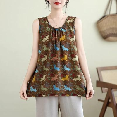 Fashionable New Round Neck Sleeveless Vest Loose Women's Casual Printed Retro Tops Bottoming Tank Tops
