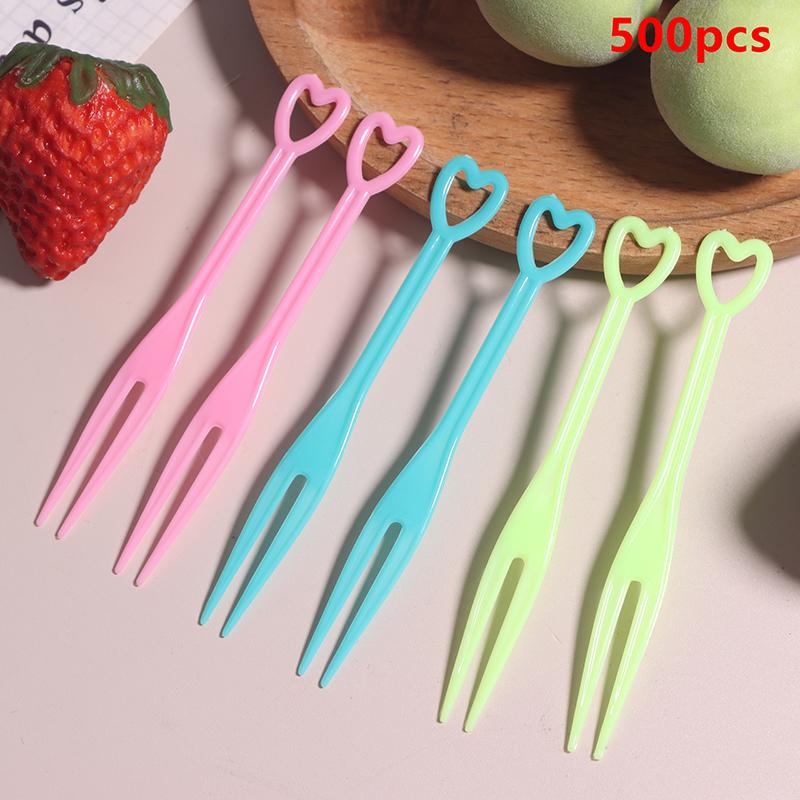 500Pcs Mini Disposable Heart Fruit Fork Mini Snack Cake Dessert Home Dining Plastic Food Fruit Pick Toothpick Bento Party Decor