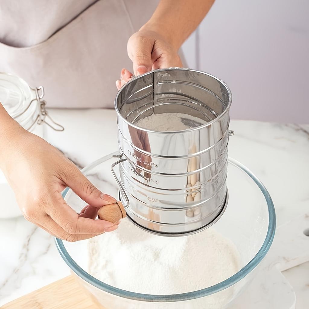 Hand-Cranked Stainless Steel Flour Sifter Handheld Baking Large Cup Type Semi-Automatic with Scale Can Filter Flour Mesh Sieve