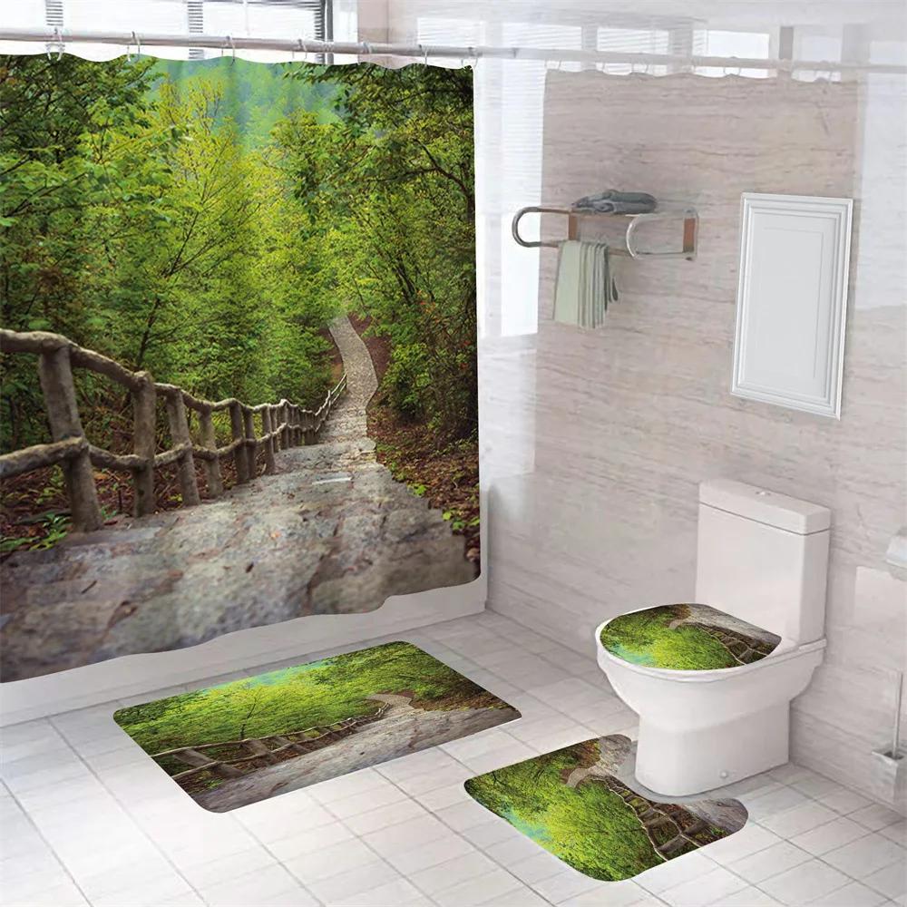 Nature Scenery Shower Curtain Set Green Forest Mountain River Landscape Bathroom Shower Curtain Waterproof Fabric Bathroom Sets