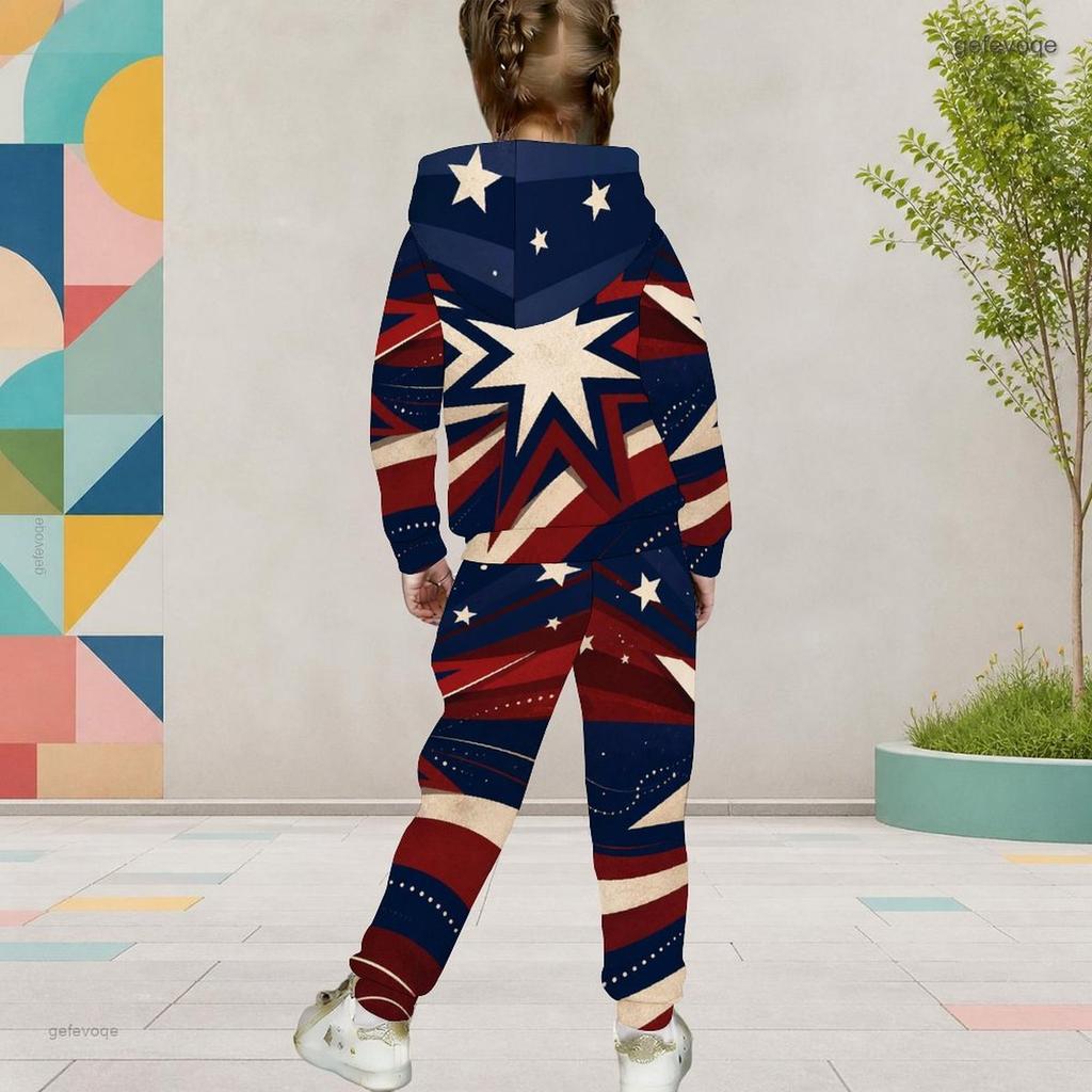 Girls White Printed Hooded Long Sleeve 2 Piece Outfit Kangaroo Pocket Cuffed Pants Set