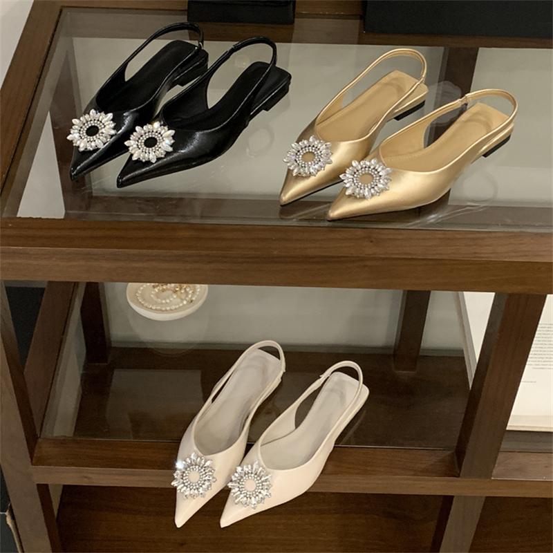 Pesstwei Spring  Elegant Sexy Pointed Toe Comfortable Design Crystal Button Flats Heels Woman Sandals Prom Slingbacks Shoes