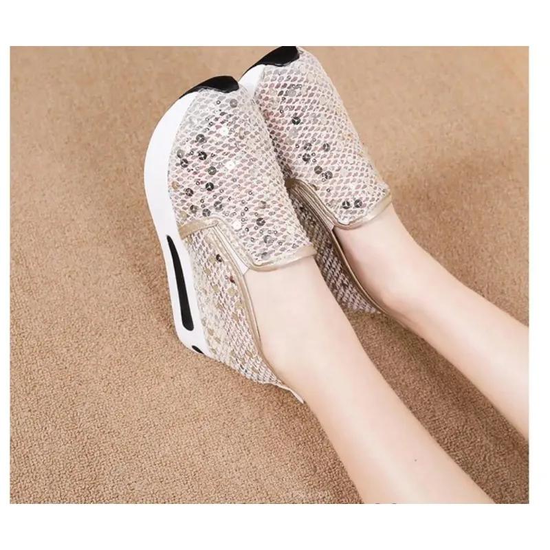 Fashion Women's Sneakers Floral Glitter Embroidery Mesh Sneakers for Women Slip On Casual Comfy Heeled Shoes Woman Wedges Shoes